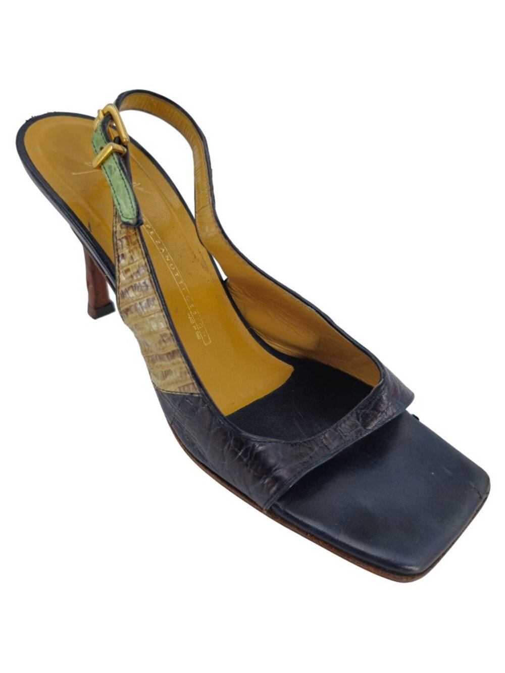 Giuseppe Zanotti Black and Tan Slingback Heels with Green Accent